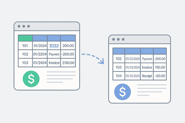 Financial data and transaction records being transferred between accounting software interfaces