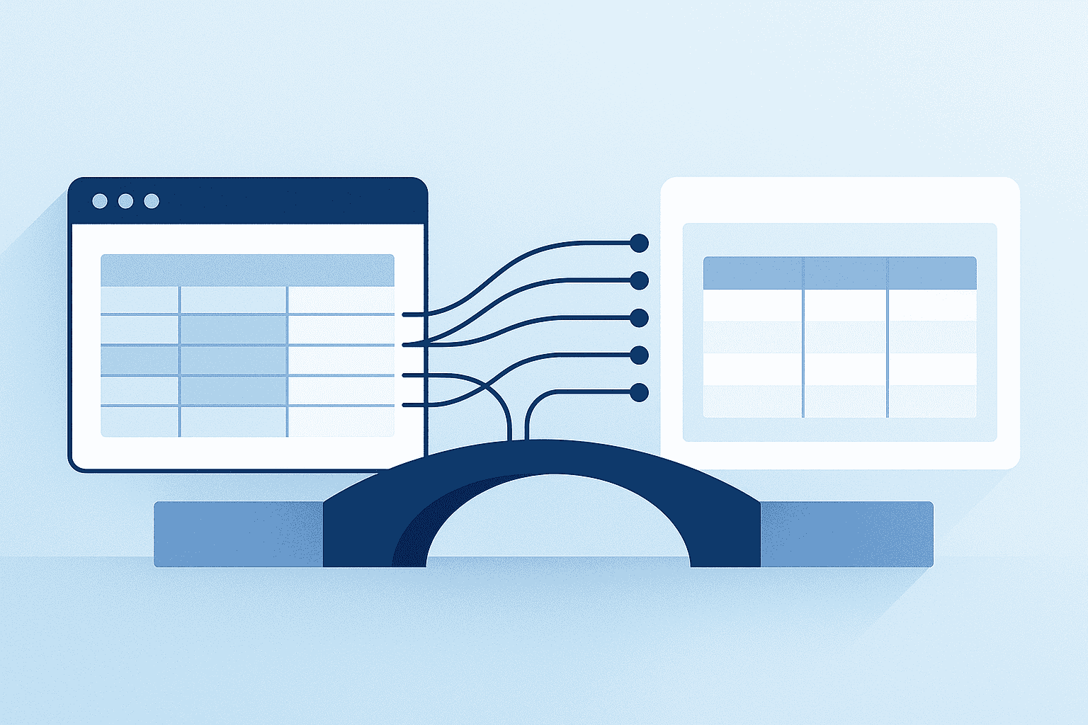 Modern illustration showing data flowing from one platform interface to another through a bridge or connector, with clean geometric shapes and professional blue color scheme