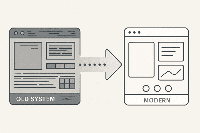 Old system interface on left with data flowing to modern clean interface on right
