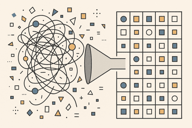 Abstract illustration of tangled, chaotic data nodes and scattered fragments on the left transforming through a funnel or filter into organized, geometric grid pattern on the right