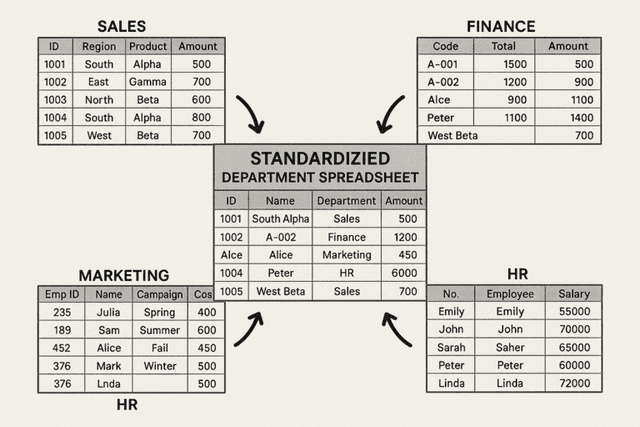Multiple department spreadsheets with different formats being unified into a single standardized format