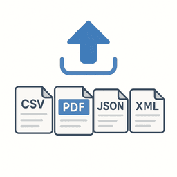 Multiple file format icons (CSV, Excel, JSON) being uploaded
