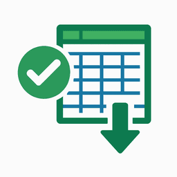 Checkmark icon with a download arrow showing a perfectly formatted spreadsheet